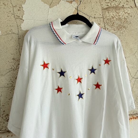 Vintage White Americana Jerzees Polo Tee Embroidered Stars Made In USA Size XL - Picture 2 of 4